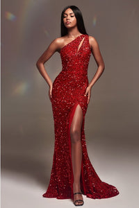 Elegant Red One Shoulder Sequin Side Slit Mermaid Gown