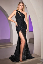 Load image into Gallery viewer, Elegant Black One Shoulder Sequin Side Slit Mermaid Gown