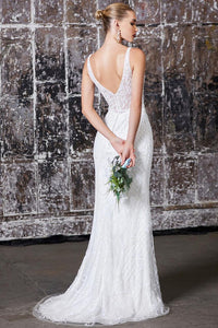 Fully Beaded White Lace Sleeveless Tulle Mermaid Gown