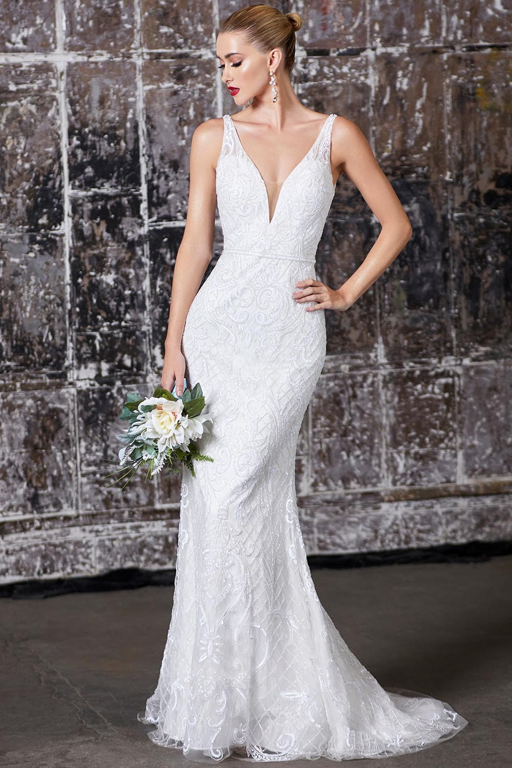 Fully Beaded White Lace Sleeveless Tulle Mermaid Gown