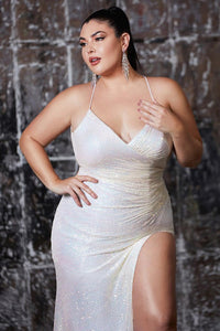 Plus Size Light Champagne Plunging Sequin Cocktail Style Gown w/Split