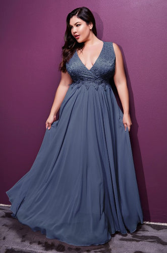 Plus Size Blue Stone Sparkle Sleeveless V Cut Chiffon Gown