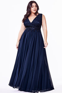 Plus Size Blue Stone Sparkle Sleeveless V Cut Chiffon Gown