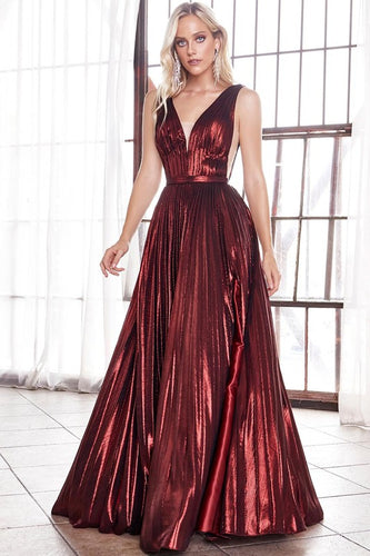 Chantilly Island Metallic Burgundy V Cut Pleated Maxi Dress