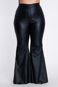 Plus Size Black Faux Leather High Waist Flare Pants