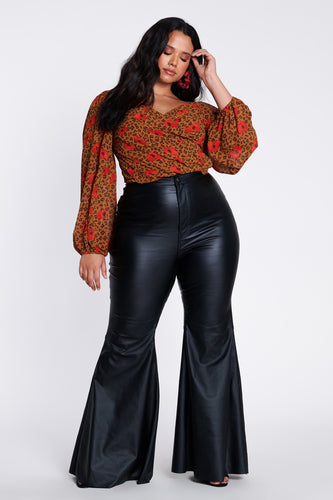 Plus Size Black Faux Leather High Waist Flare Pants