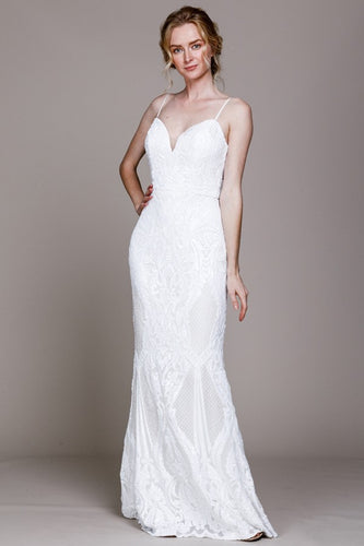 Lake Como White Embroidered Backless  Sleeveless Gown