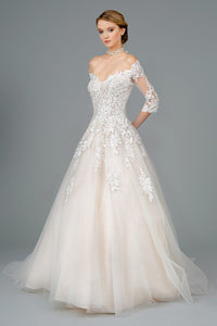 Lace Embroidered Glitter Mesh Half Sleeve Wedding Gown
