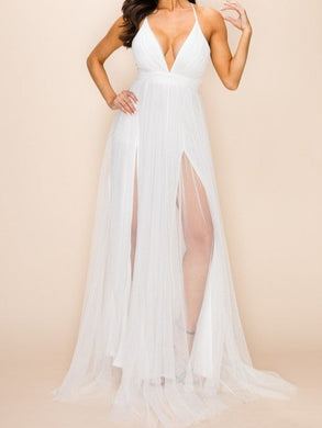 Glamorous White Deep V Dual Split Sheer Maxi Dress