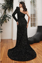 Load image into Gallery viewer, One Shoulder Black Sequin Bodycon Side Slit Long Gown