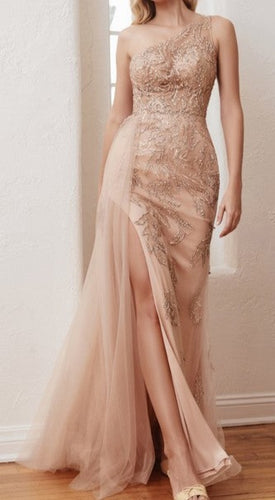 One Shoulder Lace Embelished Side Slit Sleeveless Gown