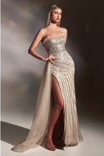 Load image into Gallery viewer, Silver-Nude Rhinestone Side Tulle Over Skirt Gown
