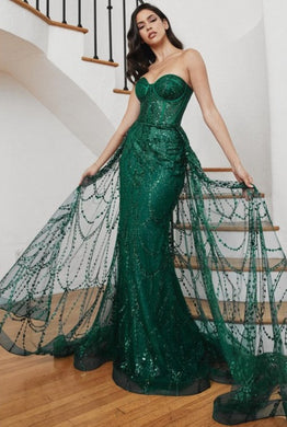 Enchanted Emerald Strapless Lace Evening Gown with Over Skirt