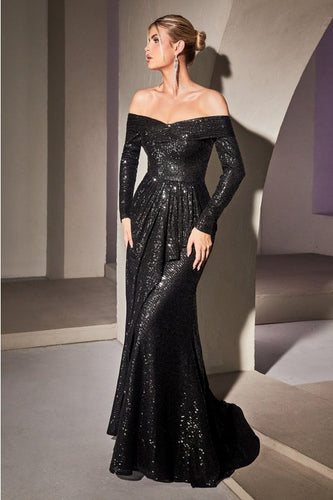 Sparkle Black Off Shoulder Long Sleeve Gown