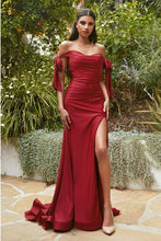 Load image into Gallery viewer, Modern Fairy Burgundy Off Shoulder Stretch Luxe Jersey with High Side Slit Dress