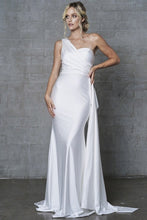 Load image into Gallery viewer, Stunning White Asymmetric Satin Draped Evening Gown