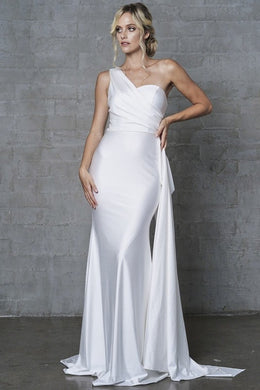Stunning White Asymmetric Satin Draped Evening Gown