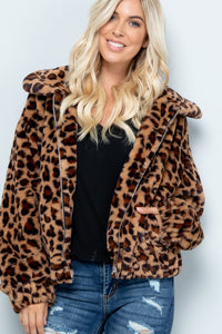 Plus Size Leopard Faux Fur Women's Jacket with Pocket