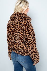 Plus Size Leopard Faux Fur Women's Jacket with Pocket