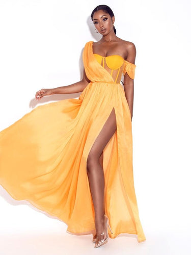 Chiffon Style Yellow Silk Pleated Corset High Slit Maxi Dress