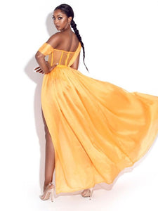 Chiffon Style Yellow Silk Pleated Corset High Slit Maxi Dress