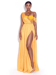 Chiffon Style Yellow Silk Pleated Corset High Slit Maxi Dress