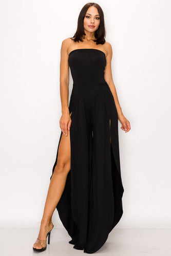 Strapless Black High Slit Jumpsuit