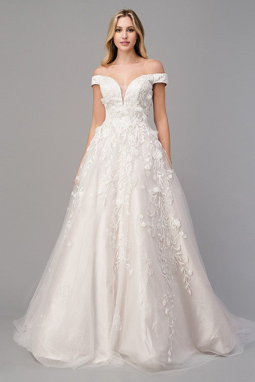 Deep V-Neck Off Shoulder White Lace Appliques Tulle Ball Gown