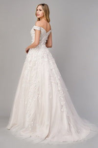 Deep V-Neck Off Shoulder White Lace Appliques Tulle Ball Gown