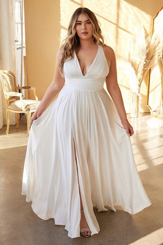 Flowy Satin Off White Leg Slit Open Back Sleeveless A-Line Dress