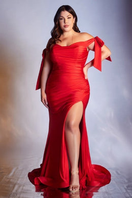Plus Size Red Satin Off Shoulder Chic Maxi Gown