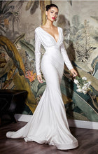Load image into Gallery viewer, Deep V-Neck White Long Sleeve Bodycon Mermaid Wedding Gown