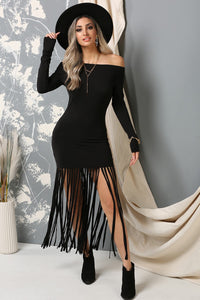 Black Fringe Off Shoulder Long Sleeve Maxi Dress