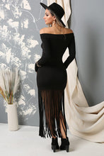 Load image into Gallery viewer, Black Fringe Off Shoulder Long Sleeve Maxi Dress