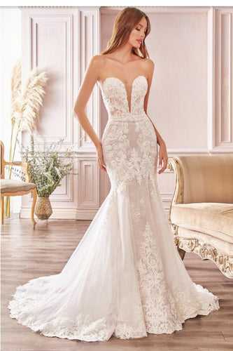 Strapless Off White Lace Applique Mermaid Sweetheart Bridal Gown