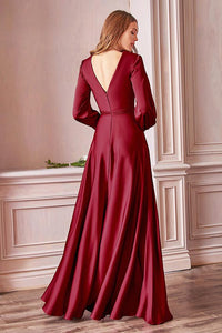 Milan Burgundy Red Long Sleeve Satin V Cut Gown