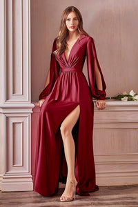 Milan Burgundy Red Long Sleeve Satin V Cut Gown
