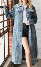 Load image into Gallery viewer, Women&#39;s Distressed Medium Wash Button Up Long Denim Jacket