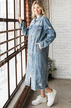 Load image into Gallery viewer, Women&#39;s Distressed Medium Wash Button Up Long Denim Jacket