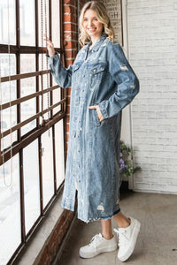 Women's Distressed Medium Wash Button Up Long Denim Jacket