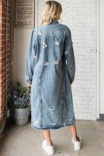 Load image into Gallery viewer, Women&#39;s Distressed Medium Wash Button Up Long Denim Jacket