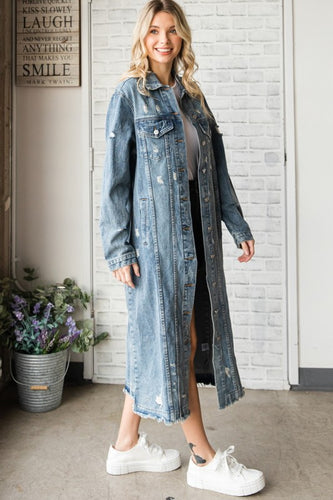 Women's Distressed Medium Wash Button Up Long Denim Jacket