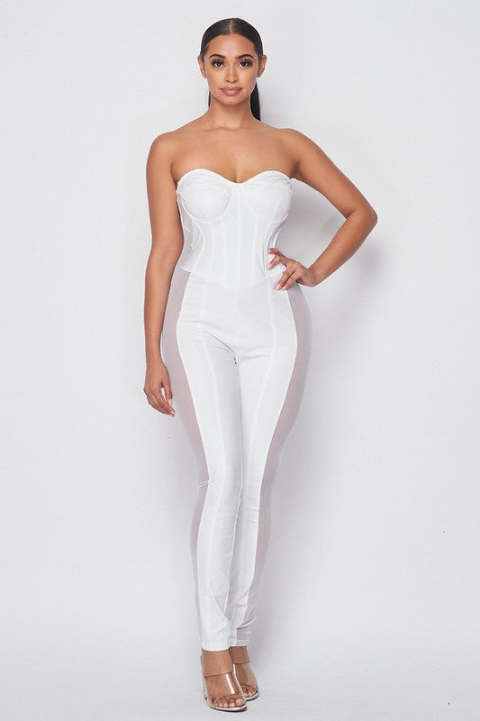 White PU Off Shoulder Corset Boned Jumpsuit