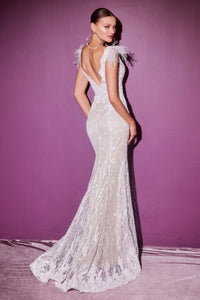 Embroidered Feather Goddess White Lace Open Back Wedding Gown