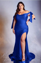 Load image into Gallery viewer, Italian Luxe Stretch Satin Ash Blue Bow Tie Present Off Shoulder Sleeveless Gown