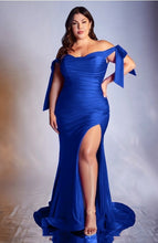 Load image into Gallery viewer, Italian Luxe Stretch Satin Royal Blue Bow Tie Present Off Shoulder Sleeveless Gown