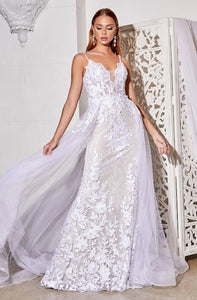 Sleeveless Off White Lace Wedding Gown With Overskirt