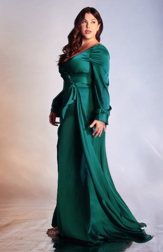 Plus Size Satin Hunter Green Wrap Style Gown w/High Split