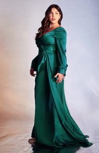Plus Size Satin Hunter Green Wrap Style Gown w/High Split