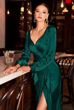 Load image into Gallery viewer, Whimsical Emerald Satin Wrap Long Sleeve Maxi Dress